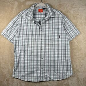Merrell Mens XL Plaid Short Sleeve Button Down Shirt Grey White 100% Cotton